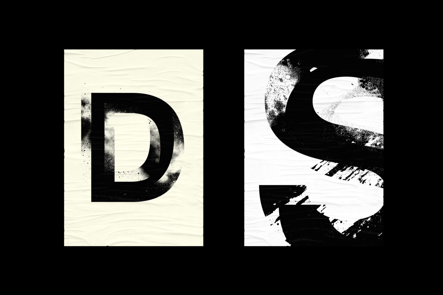 Bold black grunge typography poster design featuring distressed letters D and S on textured backgrounds for graphic design templates and mockup use.