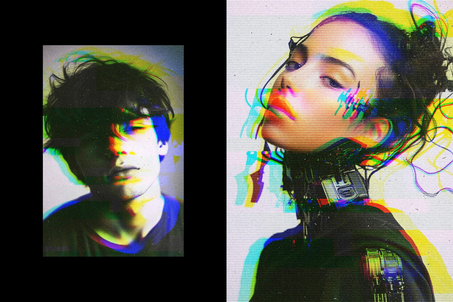 Split screen glitch portraits of person with chromatic aberration effect