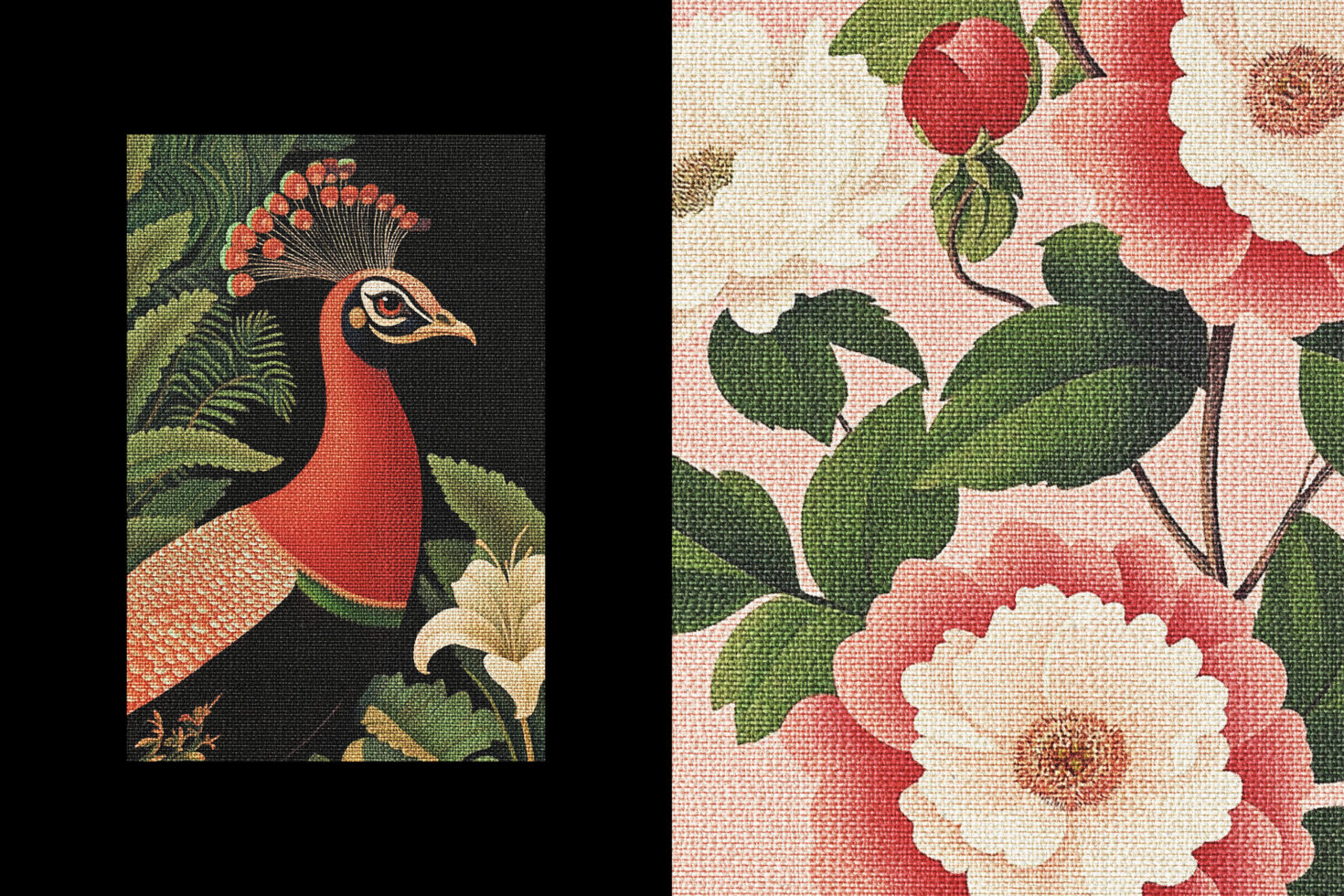 Vintage botanical illustration featuring an exotic bird and floral design with textured canvas effect. Ideal for graphics or template projects.
