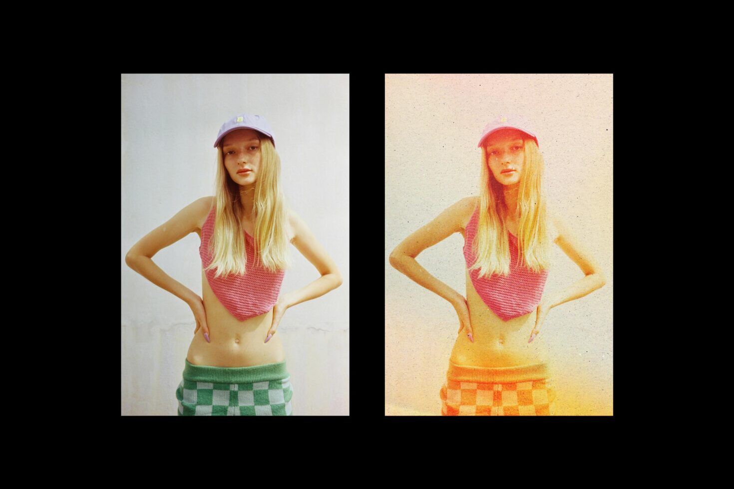 Dual fashion mockup featuring a model in a pink top and checkered pants. Left image in natural tones, right with a vintage filter effect. Ideal for designers.