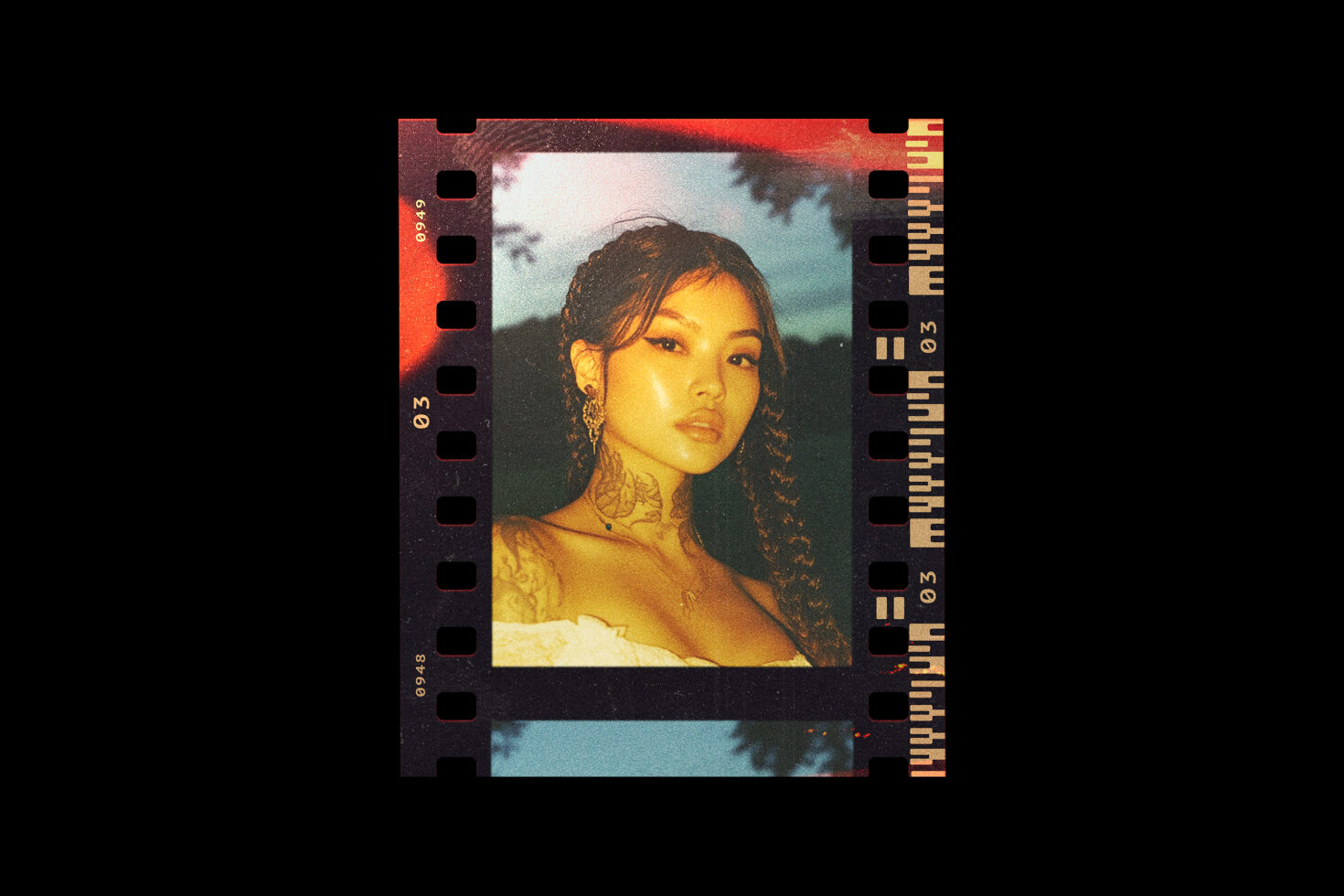 Retro photo effect mockup featuring a woman with tattoos and braids. Filmstrip design adds vintage aesthetics. Ideal for designers and creatives.