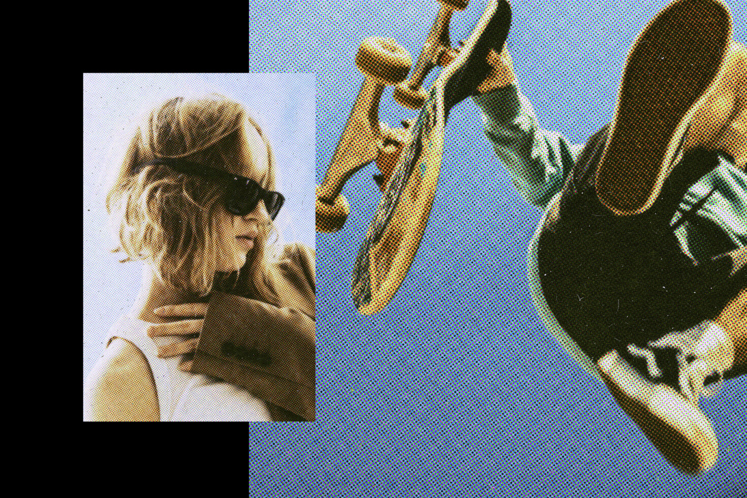 Retro collage with vintage halftone effect showing a skateboarder mid-air and a person wearing sunglasses. Ideal for graphic design projects.