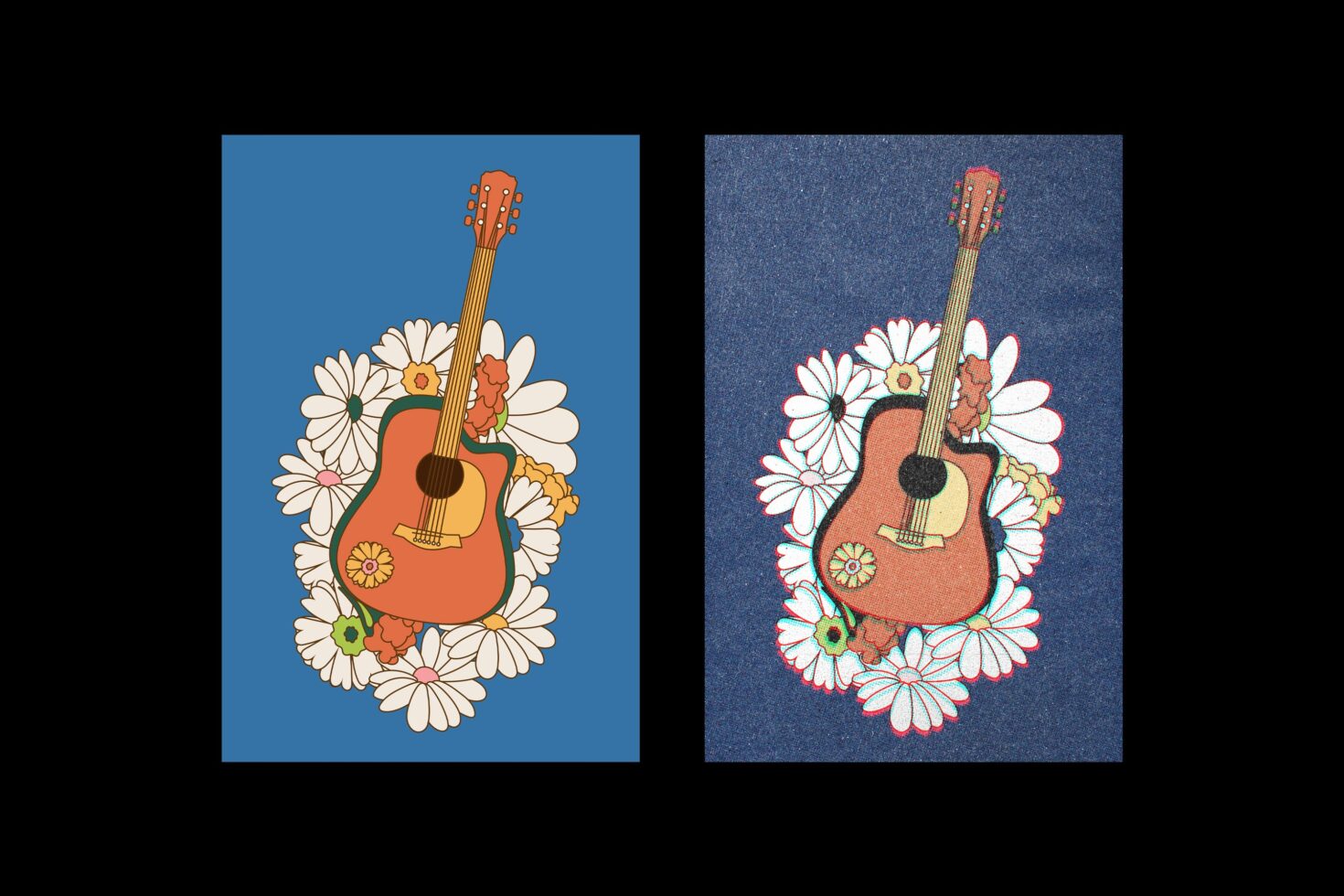 Retro guitar graphic with floral design, daisies surrounding an acoustic guitar on blue and denim texture backgrounds, ideal for posters and apparel designers.