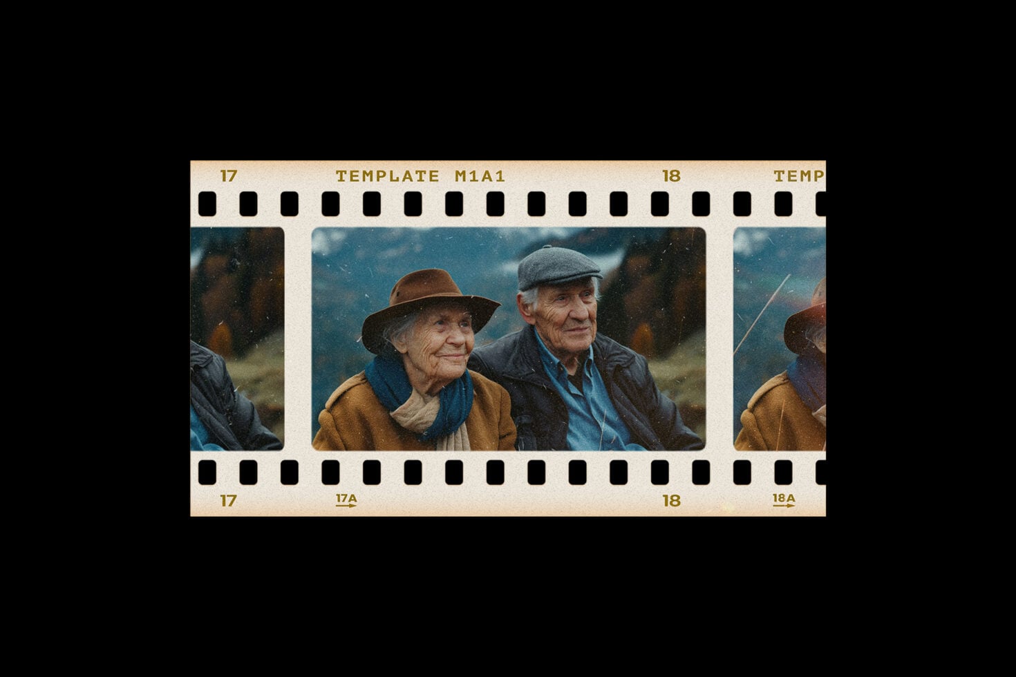 35mm film contact sheet showing elderly couple in winter coats, template mockup