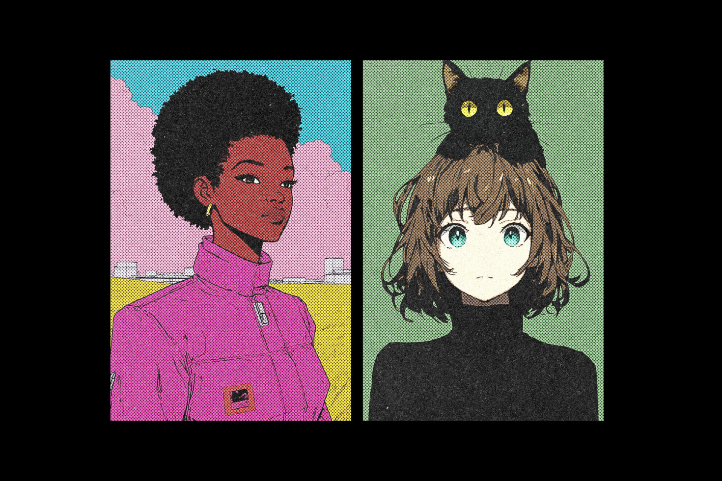 Split artwork showing anime portraits; one features a woman in a pink outfit with an afro, the other a girl with a black cat on her head. Perfect for graphics.