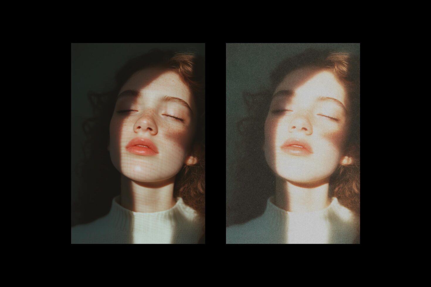 Portrait photography with a dreamy effect showing a woman's face in soft lighting and shadow with closed eyes. Ideal for creative graphic design projects.