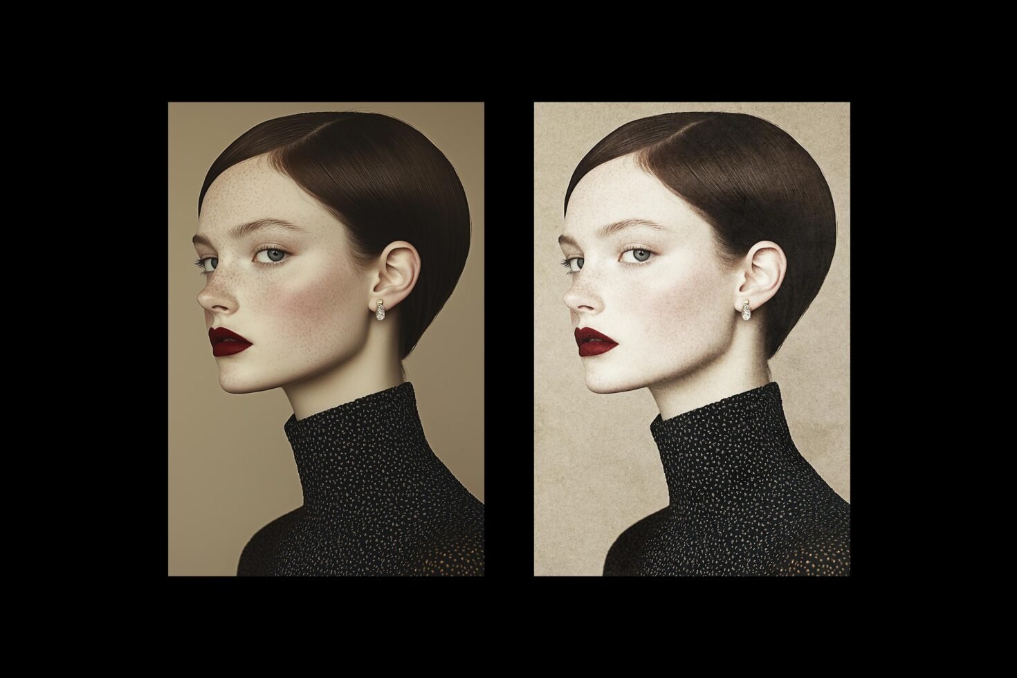 Portrait of woman with dark bob and red lipstick wearing black high-neck top. Duplicate image side by side fashion mockup design asset for designers.