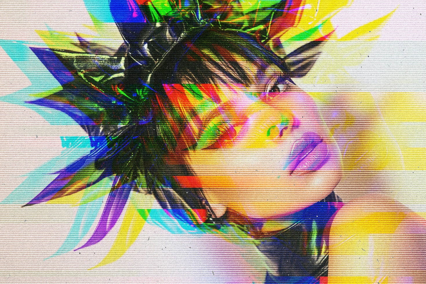 Distorted bull head with scanline interference, neon color overlay