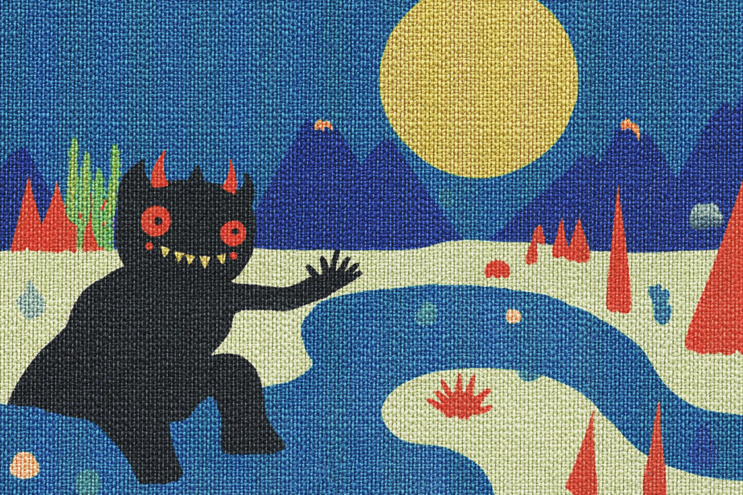 Illustration of a whimsical monster with red horns and eyes, set in a colorful landscape with mountains and moon. Perfect for graphics design projects.