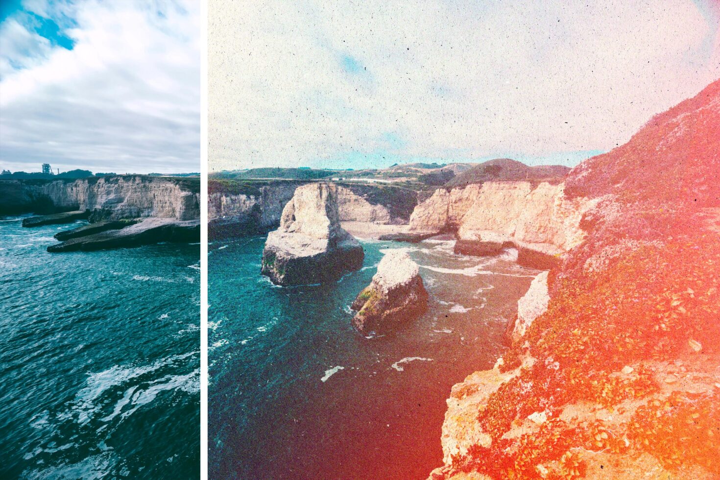 Coastal cliffs with ocean view graphic showcasing vintage filter effect and natural textures ideal for design templates and mockups for creative projects.