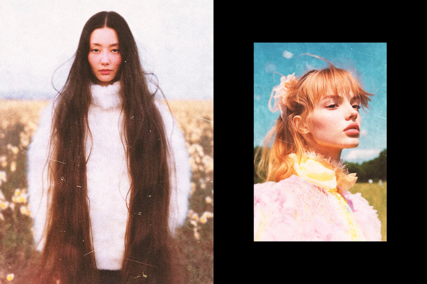 Dreamy film photography split layout, woman in field on left, girl in golden hour on right