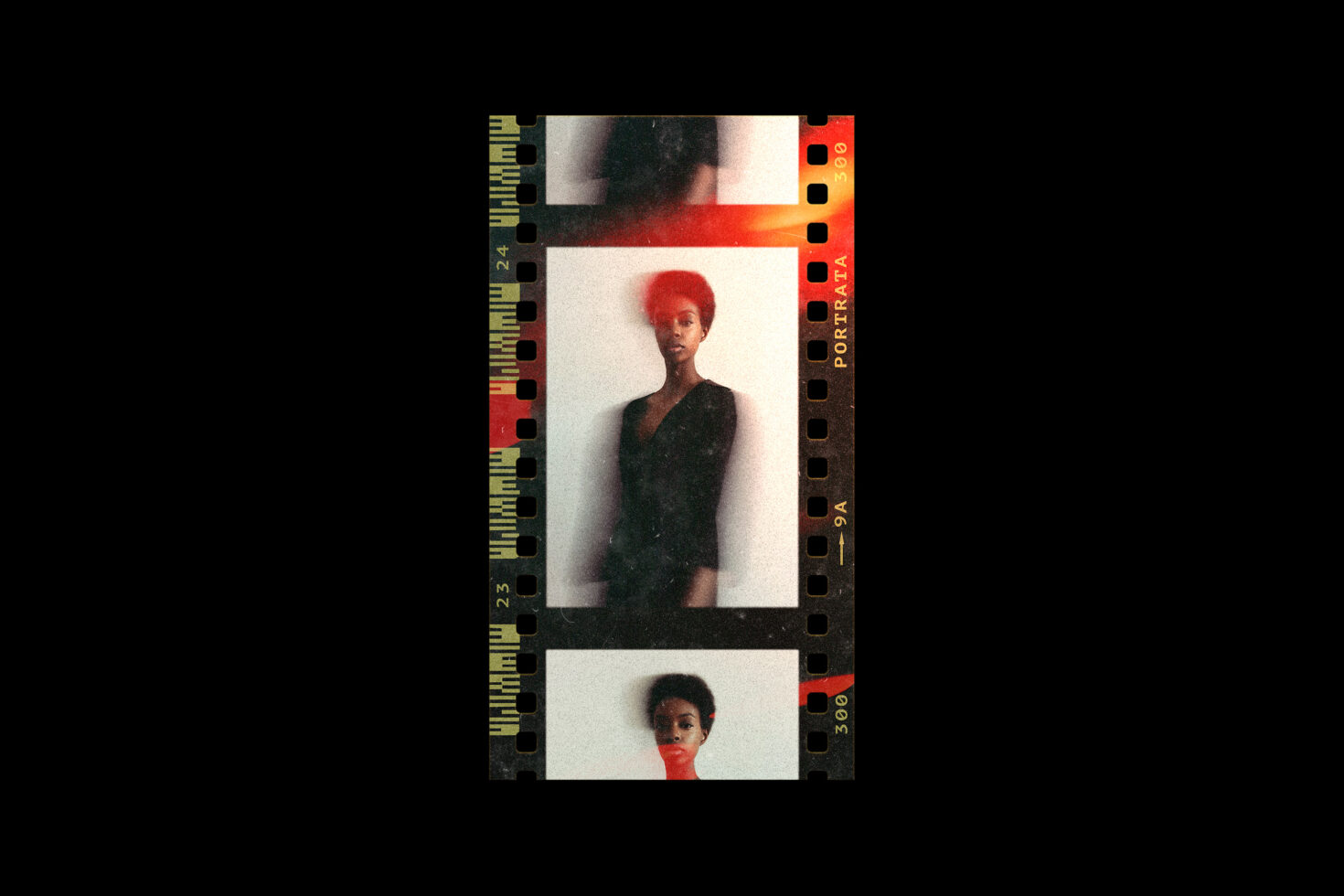 Film strip featuring artistic portrait with blur effect. Ideal for graphics, photography mockups, design templates. Vintage aesthetic for designers.