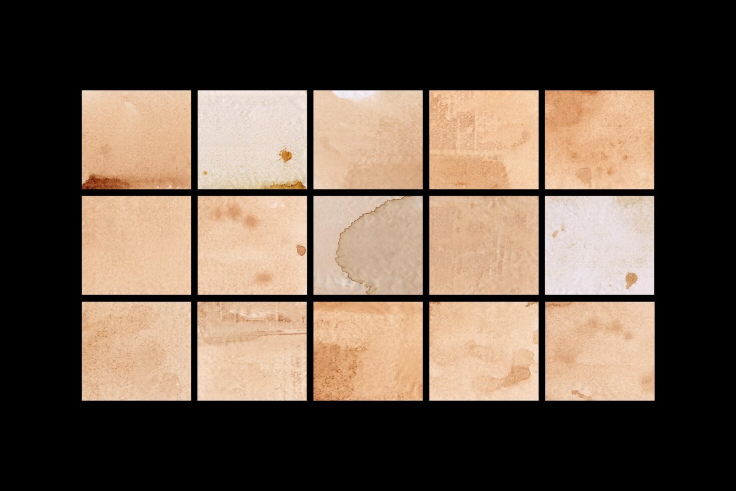 Set of 15 vintage paper textures with coffee stains and grunge effects ideal for graphic design projects scrapbooking templates backgrounds.