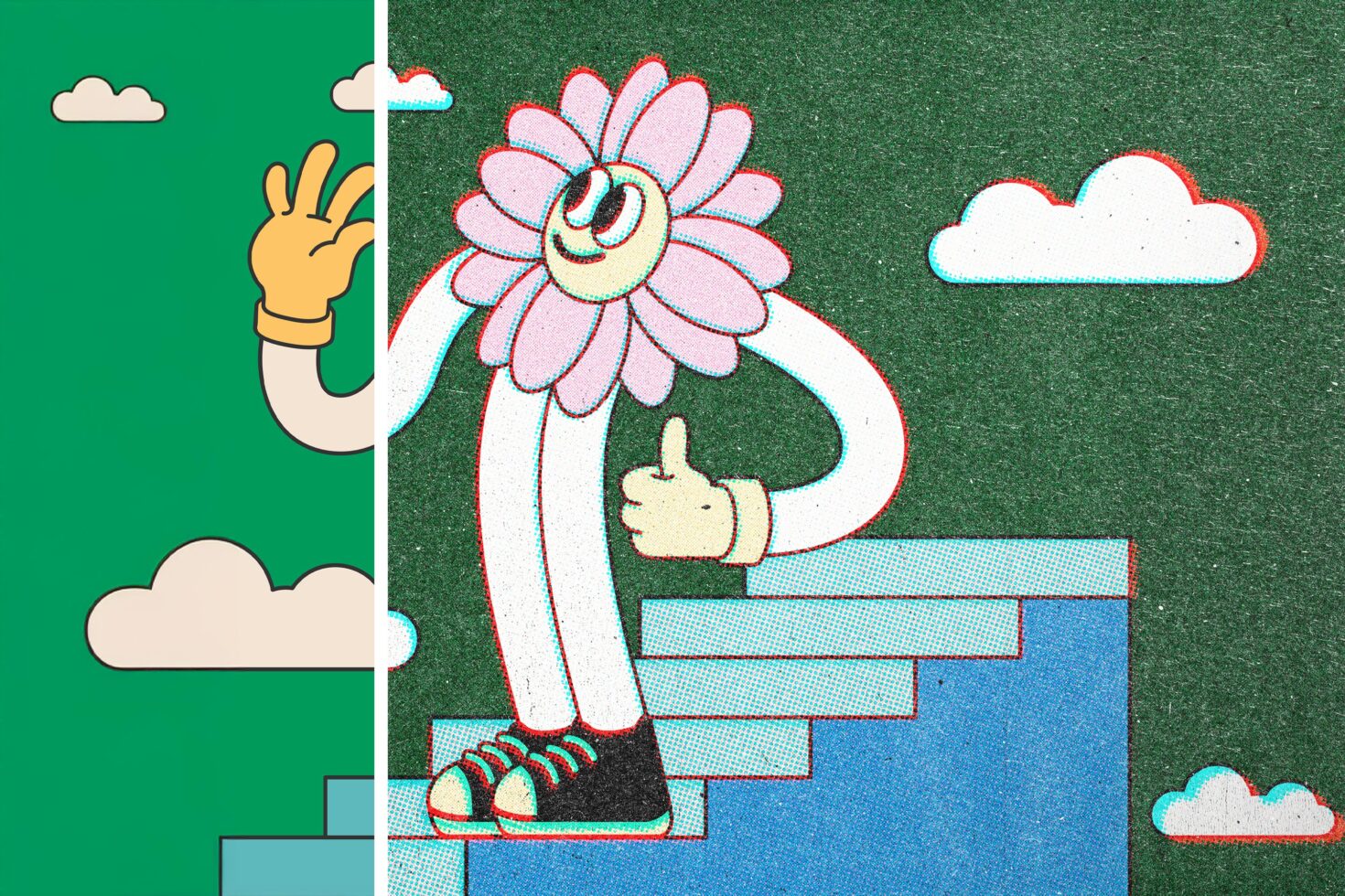 Colorful retro cartoon illustration of a flower-headed character waving, with a textured background. Ideal for graphic design and digital art projects.