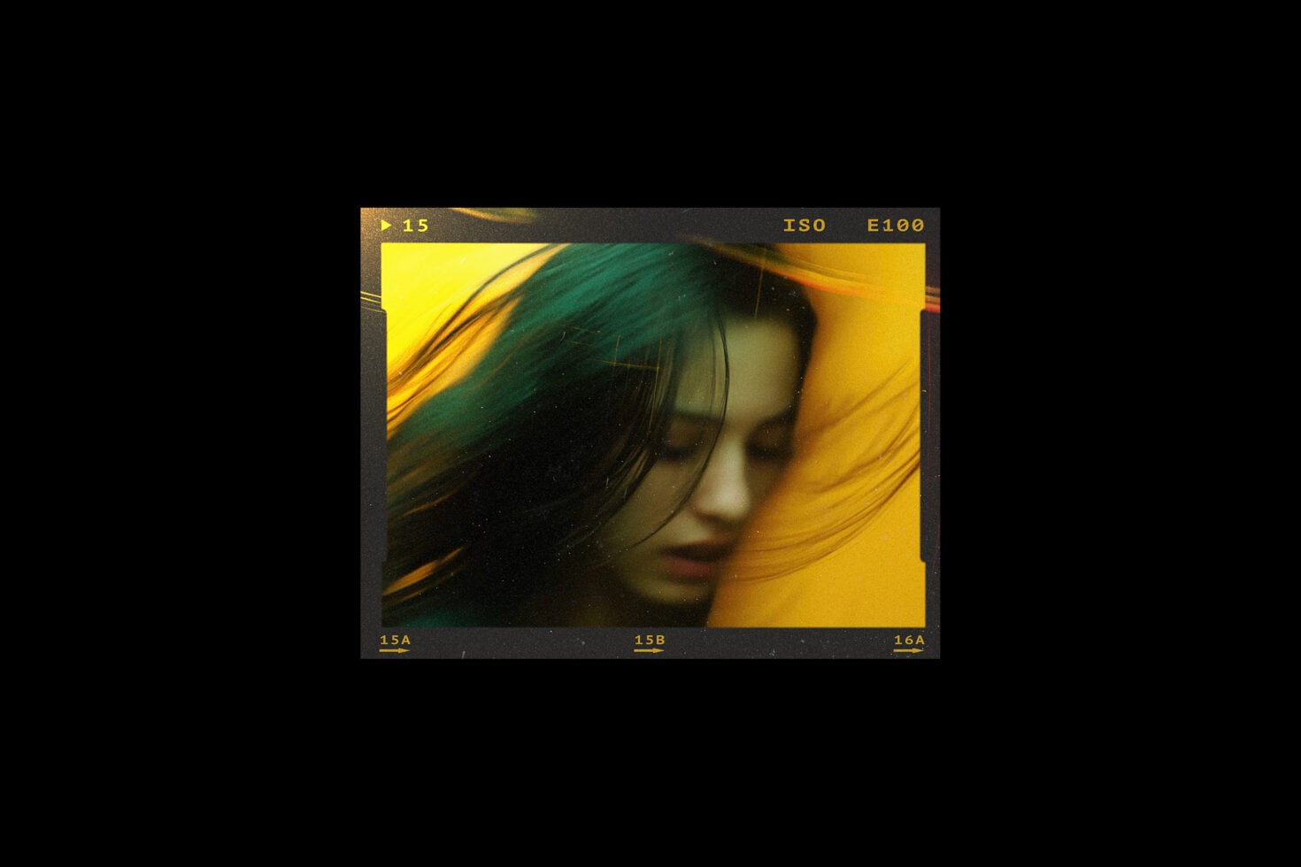 Film strip frame with woman's face in yellow neon glow, vintage photography aesthetic