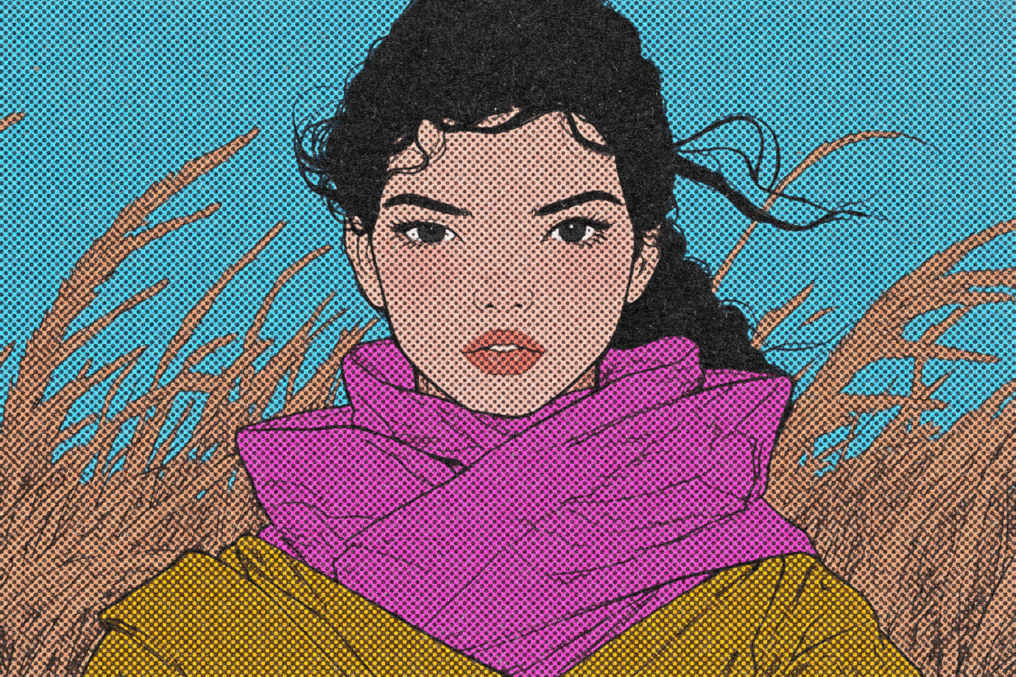 Pop art illustration of a woman with a pink scarf in a field against a blue sky in halftone style Graphic Design Digital Art Retro Pattern Designers