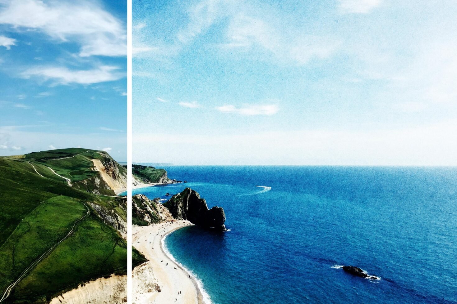 Coastal landscape with green cliffs meeting a sandy beach and turquoise sea under a clear sky. Ideal for mockups, templates, and design backgrounds.