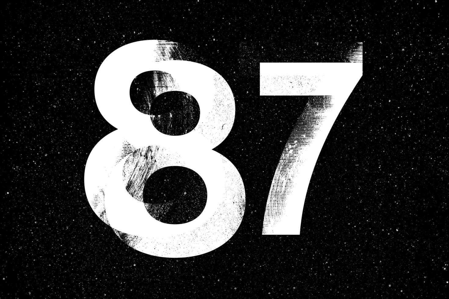 Number 87 in distressed white font on a textured black background ideal for use in typography projects graphic design and digital art templates.