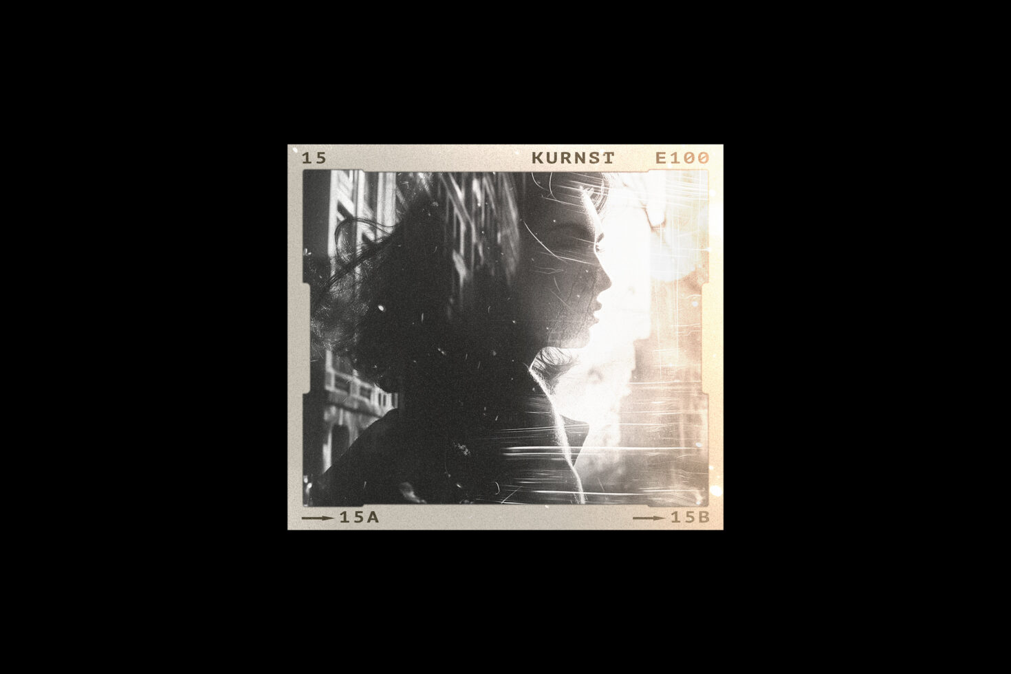 Film-inspired graphic shows a silhouette of a person in profile with a vintage effect. Ideal for designer templates and mockups. Retro aesthetic design.