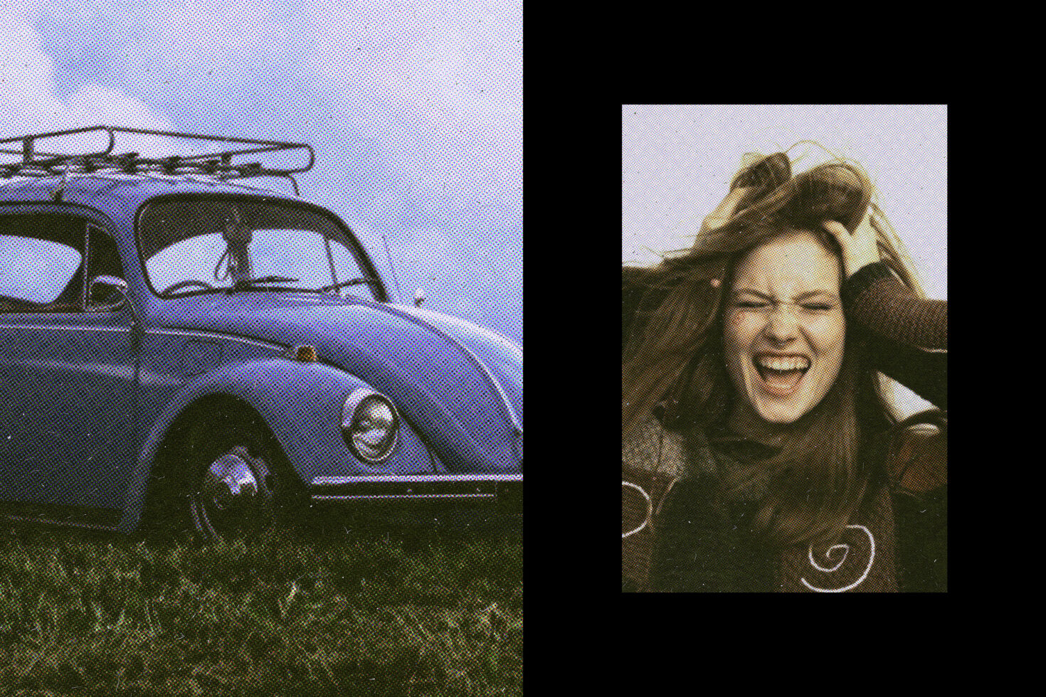 Vintage car and young woman graphic for designers. Retro style, textured halftone effect, perfect for use in creative projects or templates.