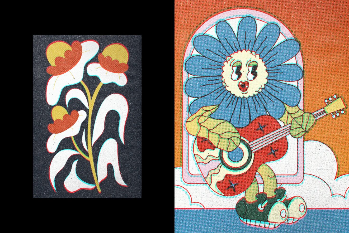 Vintage floral graphics illustration featuring abstract flowers and a vibrant flower character playing a guitar. Ideal for designers seeking retro art.