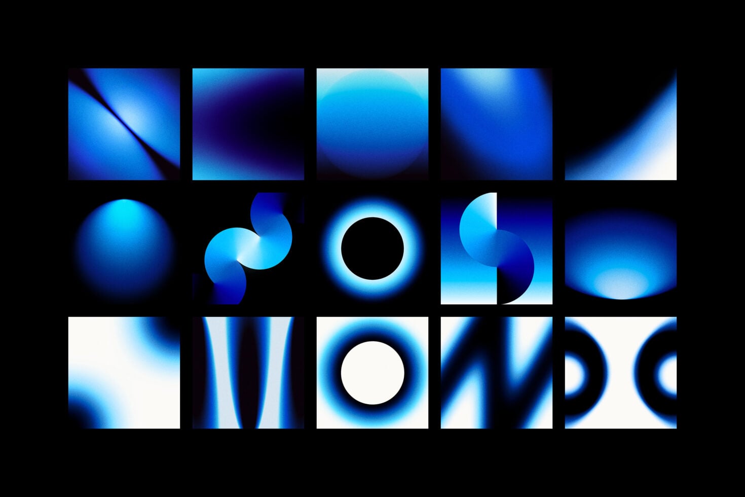 Grid of 15 gradient backgrounds with geometric shapes circles lines in blue white palette