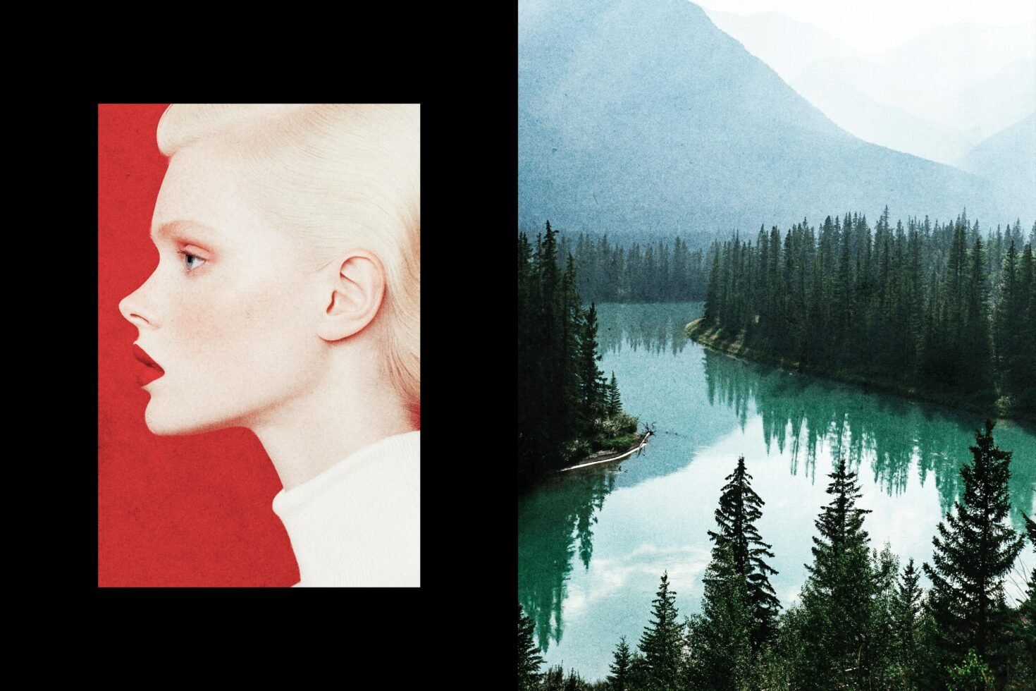Dual composition showcasing a vintage profile portrait against a red background and a serene landscape with a river and forest, ideal for graphic design.