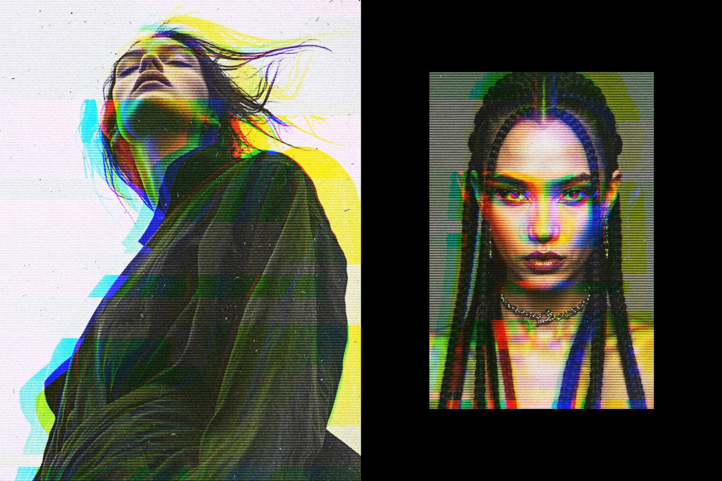 Glitch portrait effect with two women, vibrant RGB color separation