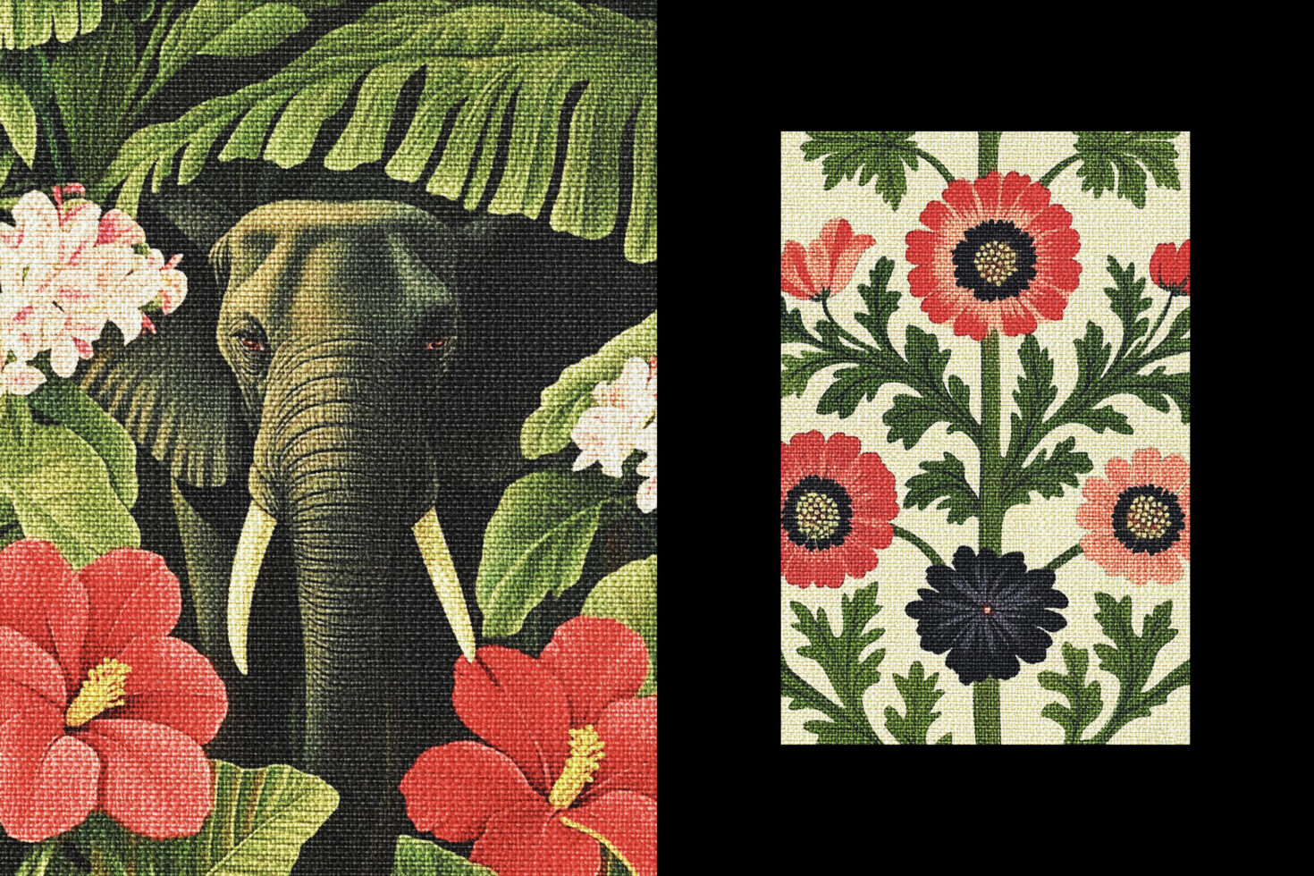 Tropical elephant and floral textile pattern for graphic design. Vibrant jungle theme with leaves and flowers. Perfect for templates and mockups.