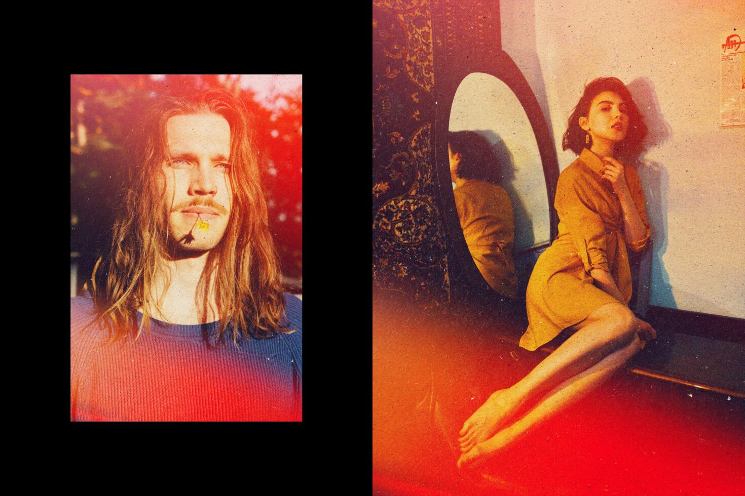 Retro-inspired portrait photography featuring two individuals with vintage effects vibrant colors ideal for designers seeking unique graphic assets.