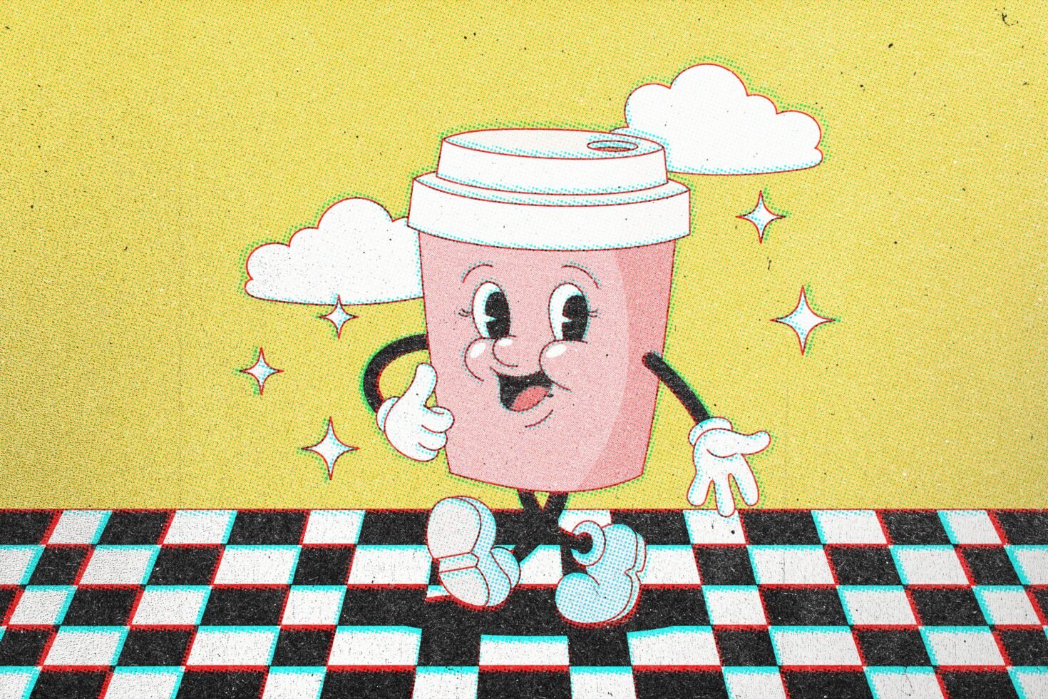 Retro cartoon coffee cup character with arms and legs on checkered floor with clouds and stars background illustration for graphic design projects.