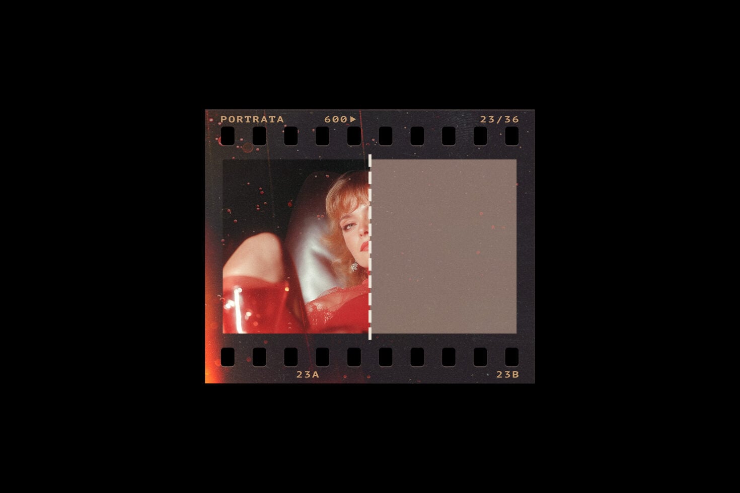 Vintage film strip mockup with red-dressed woman portrait, frame 23/36 notation
