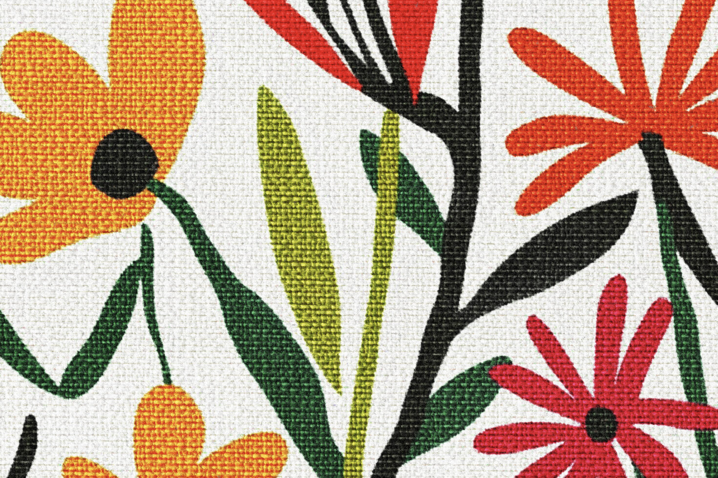 Colorful floral pattern on textured fabric with orange and red flowers green leaves black stems ideal for graphic design backgrounds textile mockups.