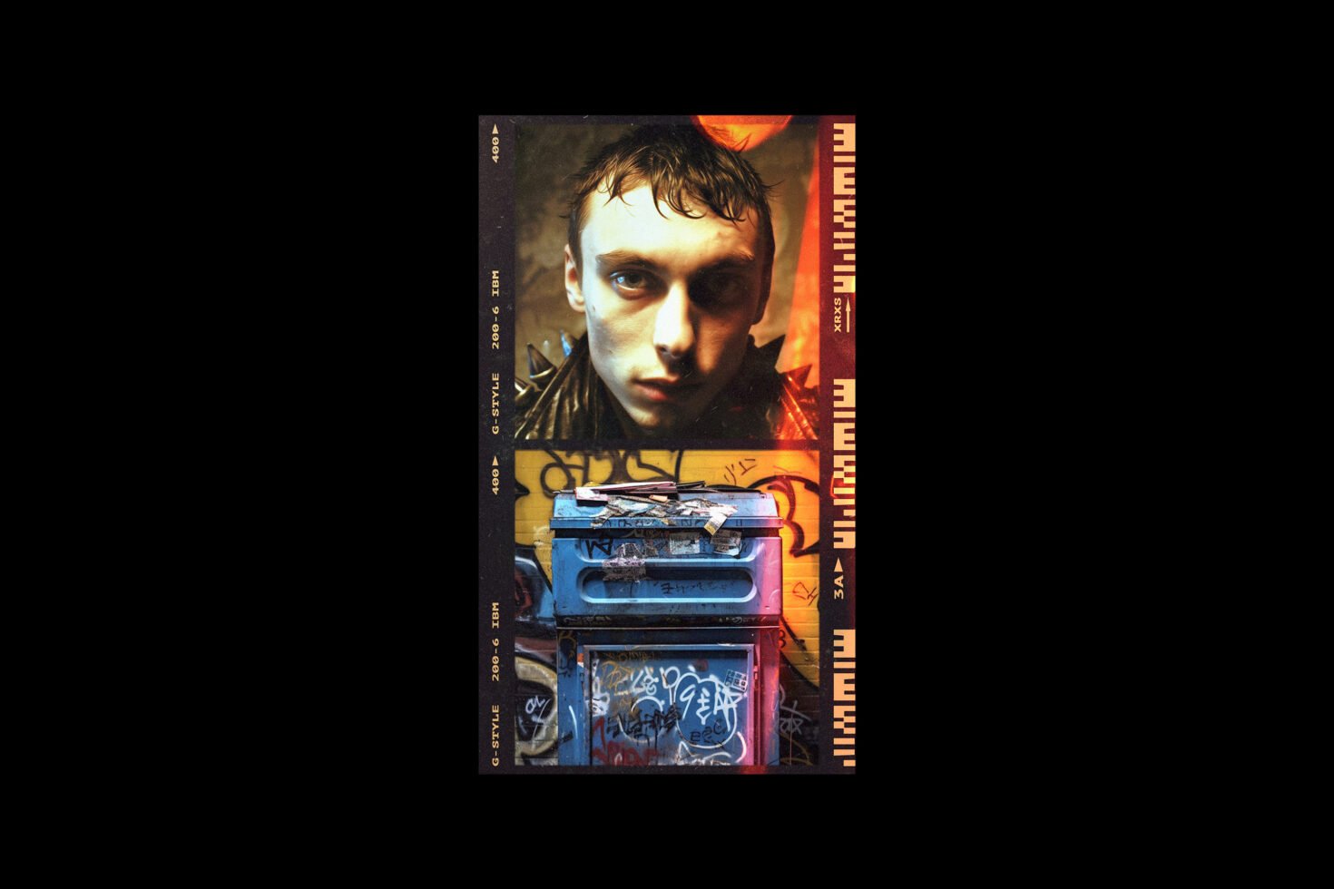 Collage of a man's intense portrait paired with a graffiti-covered postal box. Ideal for graphic designers seeking edgy, urban-themed photo concepts.