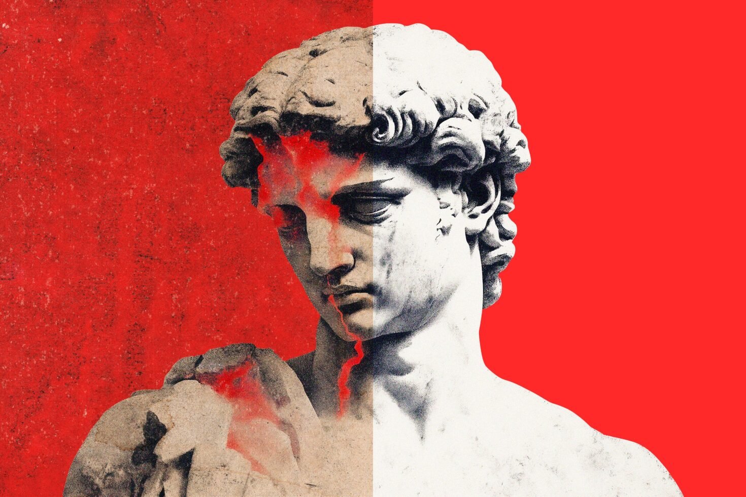 Half-toned classical statue on vibrant red background art graphic design resource for templates mockups digital artists. High contrast visual elements.