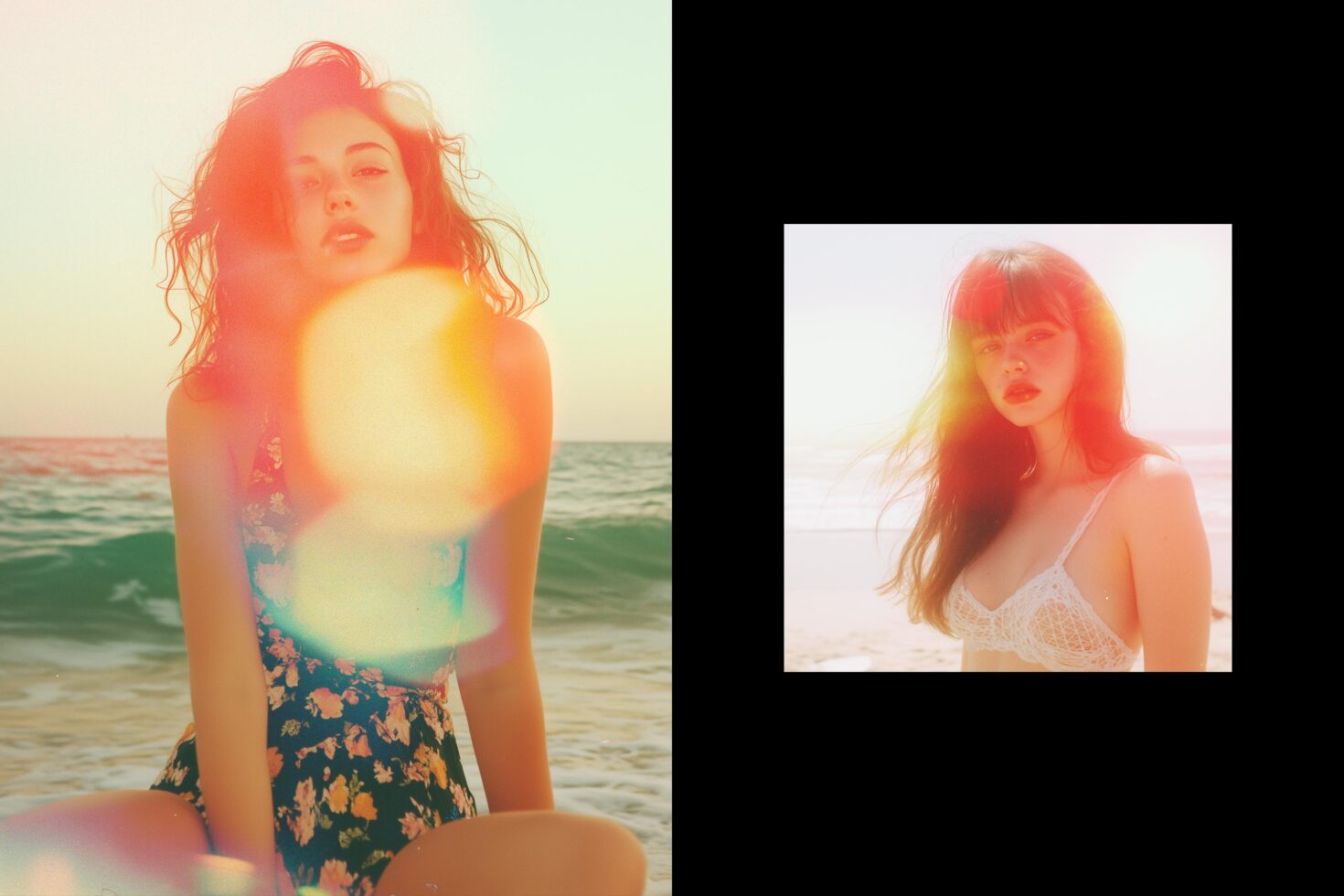 Dual beach portraits with sun flare effects; ideal for digital design assets. Vibrant, dreamy visuals perfect for creative mockups and graphics.