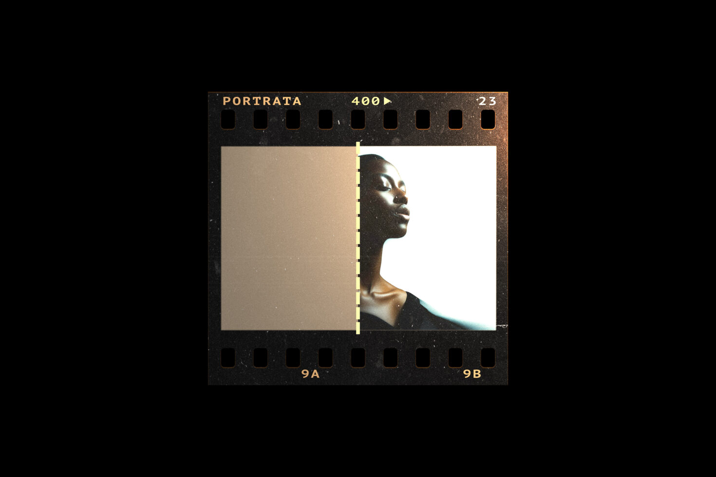 Film strip mockup showcasing a portrait silhouette on a bright background. Ideal for graphic designers, photography templates, and creative projects.