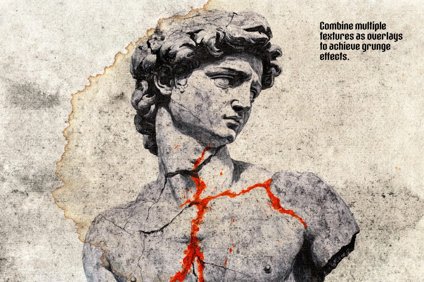 Grunge effect textured statue mockup with cracked overlay and splashes of red offering unique graphic design asset for creative projects. Keywords: mockup, texture.