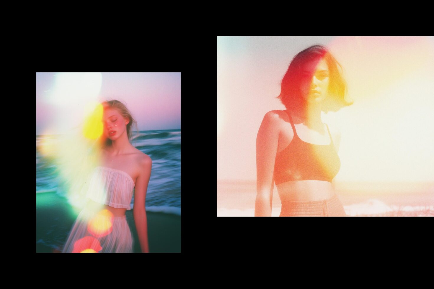 Dual dreamy portrait collage with vibrant light leaks ideal for graphic design projects photography edits and creative mockups for designers.