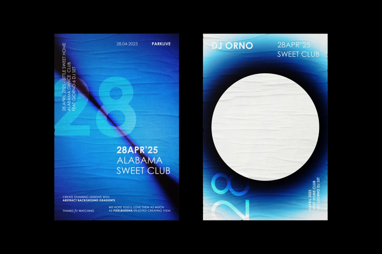 Two event posters with abstract blue cyan gradients, one with number 28 overlay design