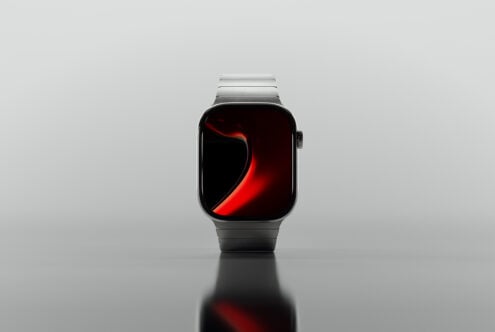 Smartwatch mockup featuring a sleek design with a vibrant red and black display. Ideal for showcasing digital assets templates and graphics for designers.