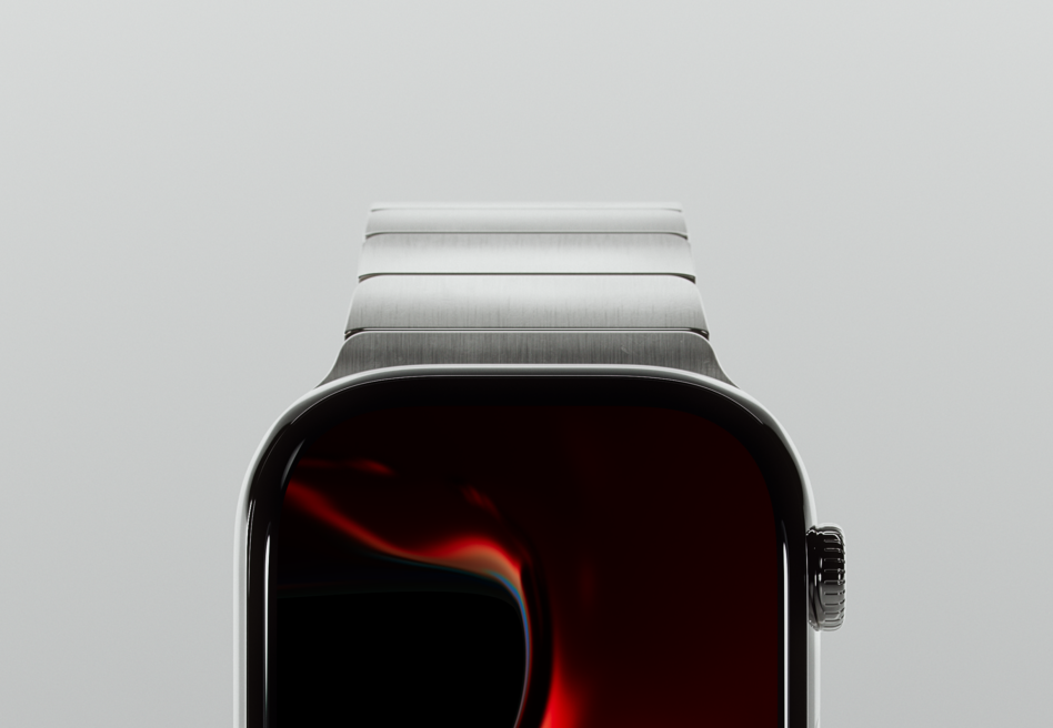 Silver smartwatch with black screen displayed on neutral background