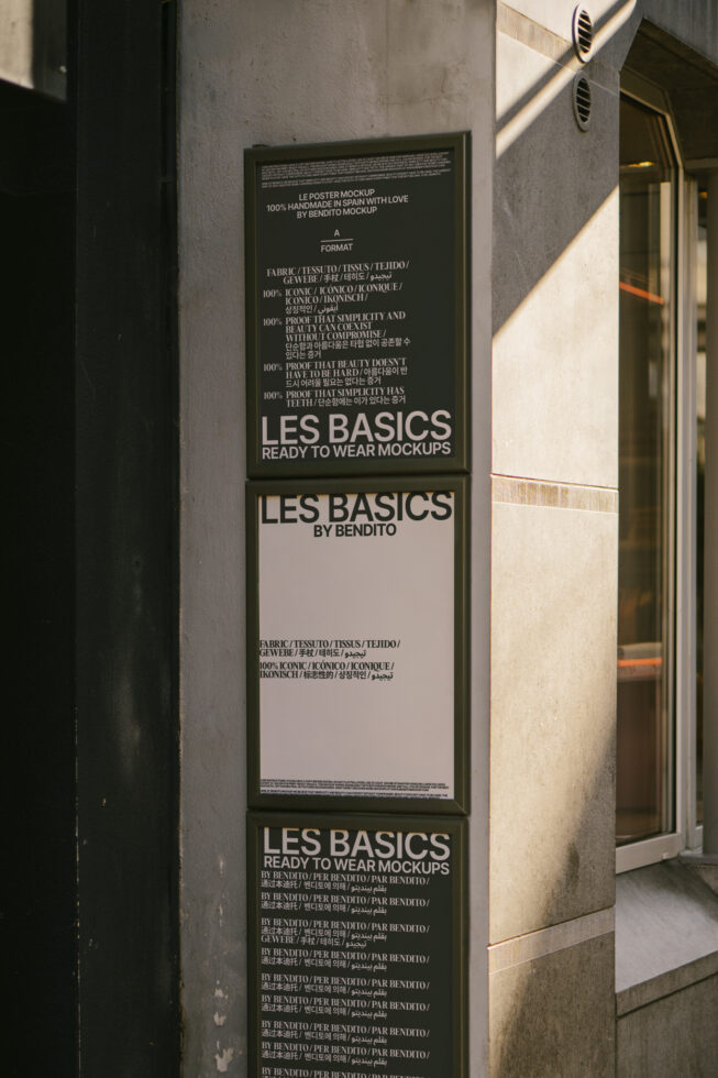 Stylish street posters mockup featuring Les Basics by Bendito for designers. Ideal for showcasing fonts and graphics in a realistic urban setting.