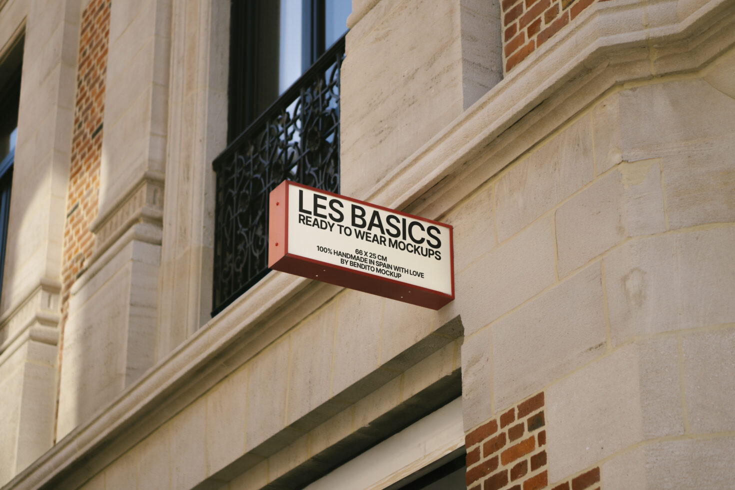 Urban sign mockup on historic building exterior. Ideal for designers creating signage or branding mockups. Visually appealing for graphic projects.