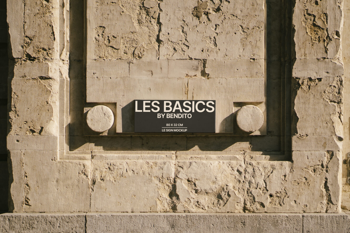 Sign mockup on textured concrete wall for design presentations. Features bold sans-serif fonts. Perfect for showcasing branding identity or advertisements.