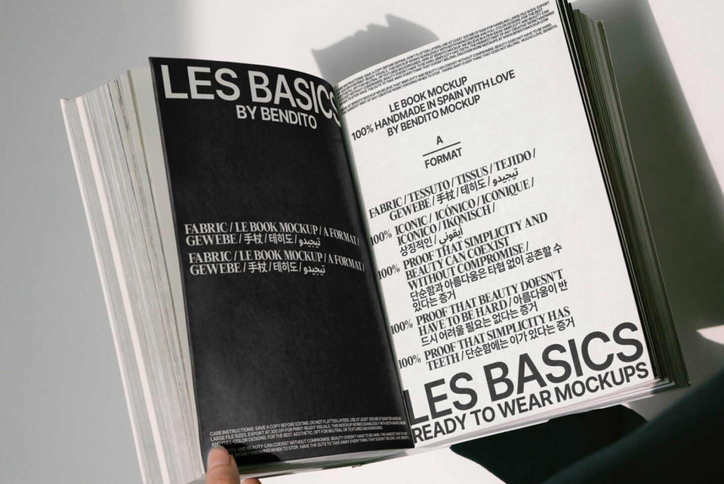 Open book showcasing Les Basics design mockup in a modern style with bold typography. Ideal for designers seeking high-quality mockups and templates.