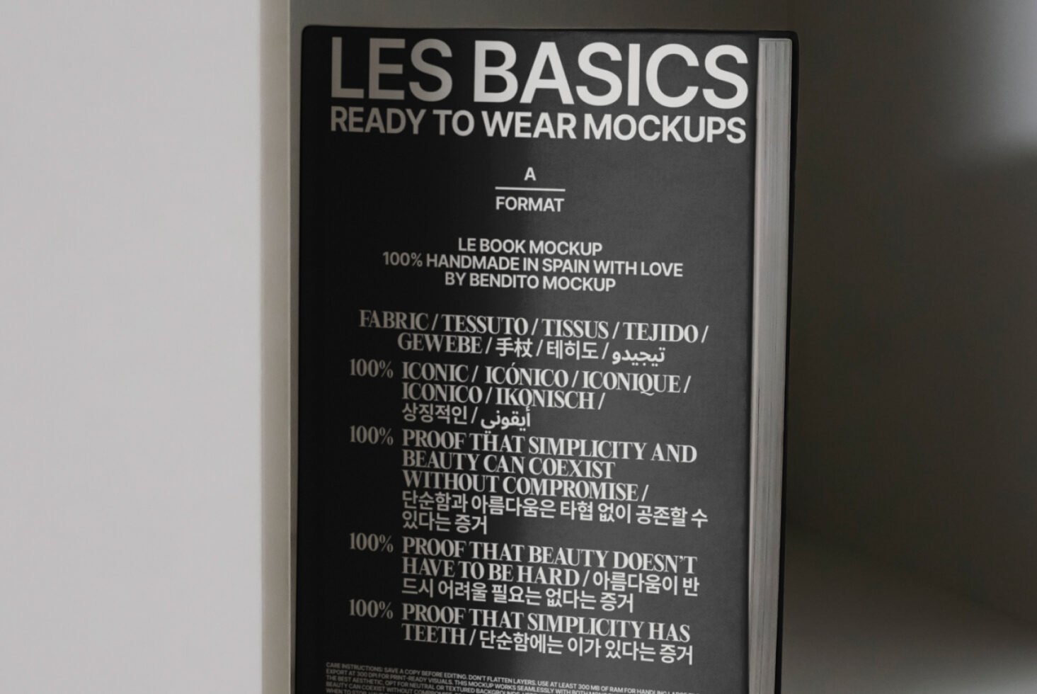 Mockup design book titled Les Basics Ready to Wear displaying multilingual text. Ideal for designers seeking minimalistic mockups. Design asset resource.