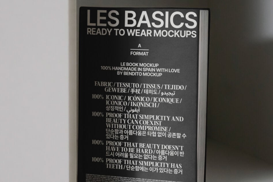 Les Basics Ready to Wear book mockup dark cover with multilingual design philosophy text
