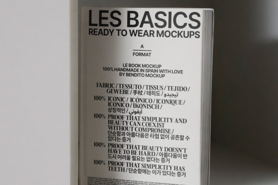 Les Basics Ready to Wear book mockup cream cover with multilingual design philosophy text