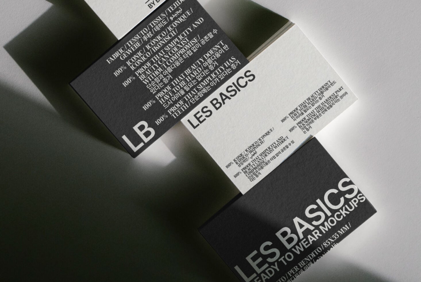 Close-up of folded clothing tags showing Les Basics care instructions in multiple languages